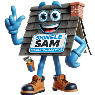 Shingle sam residential roof pros mascot with blue arms and legs