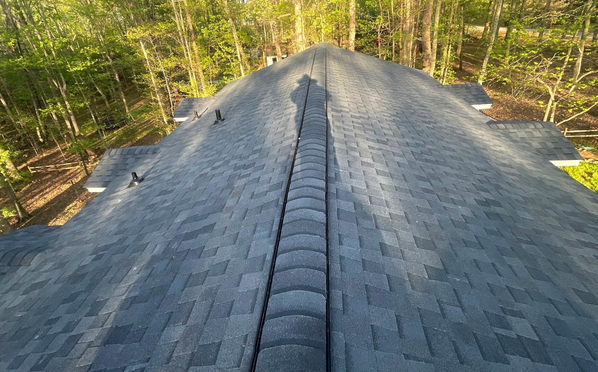 The roof of a house is covered in shingles and trees are in the background.