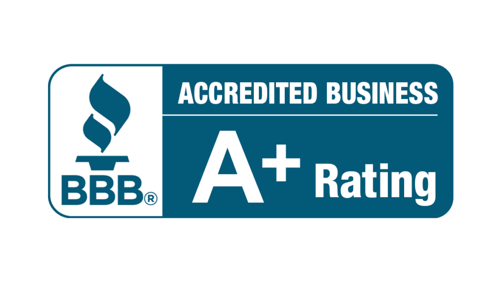A blue bbb accredited business a + rating logo on a white background.