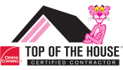 The logo for top of the house certified contractor with a pink panther on the roof.