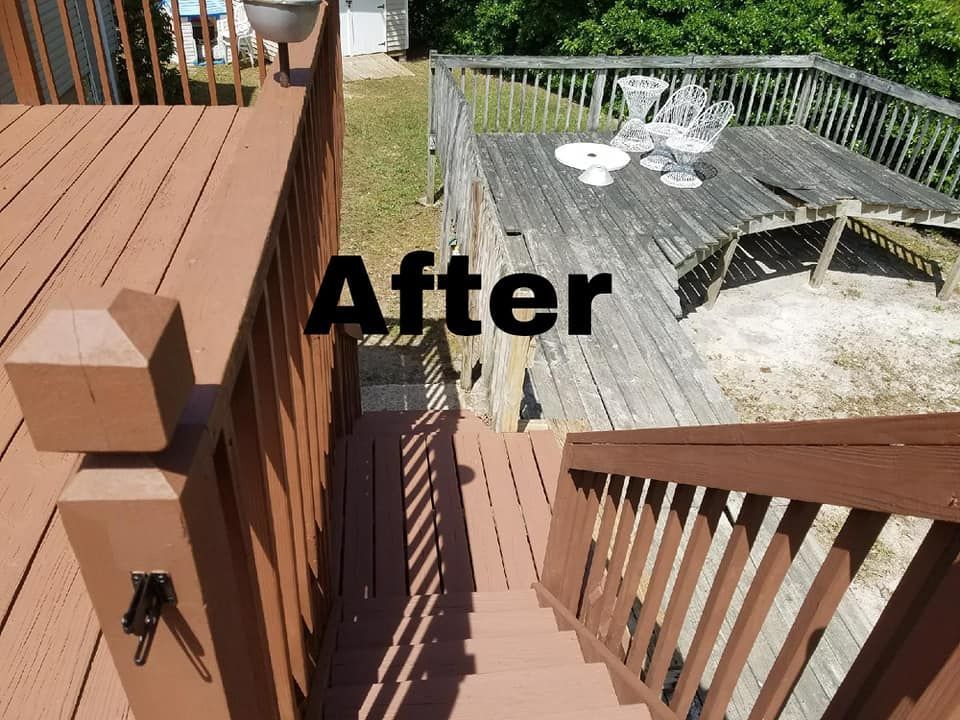 A picture of a deck before and after being painted