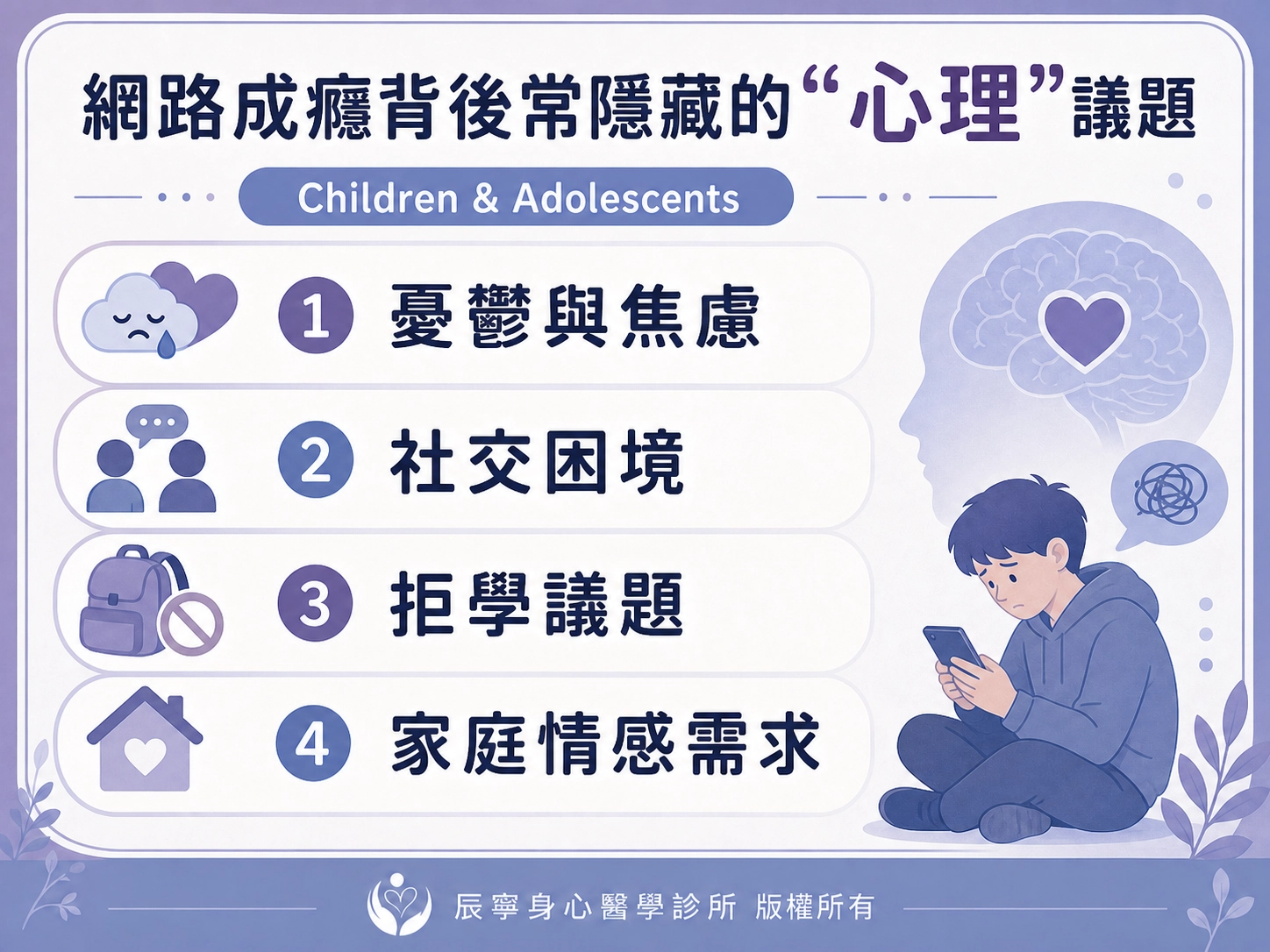 網路成癮|3C成癮|手機成癮|心理議題問題|身心問題|兒童青少年|憂鬱與焦慮|交友家庭困境|拒學|台北北投石牌身心科|辰寧身心醫學診所帶你一次了解