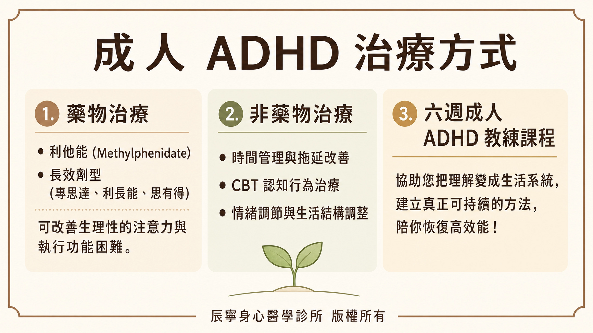 ADHD 確診後的治療方向 | 藥物治療 | 利他能 | 專思達 | 非藥物治療 | 心理諮商| 過動/衝動症狀 | 台北北投石牌身心科 | 辰寧身心醫學診所帶你一次了解