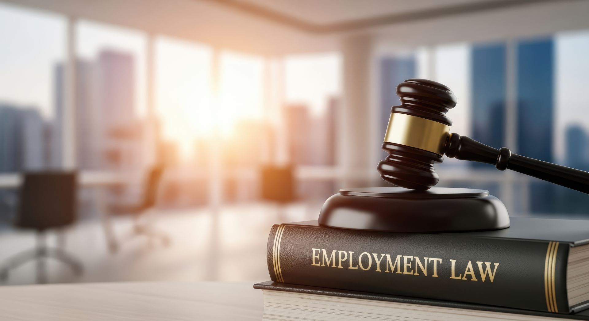 A judge’s gavel placed atop a book labeled 'Employment Law,' representing legal authority.
