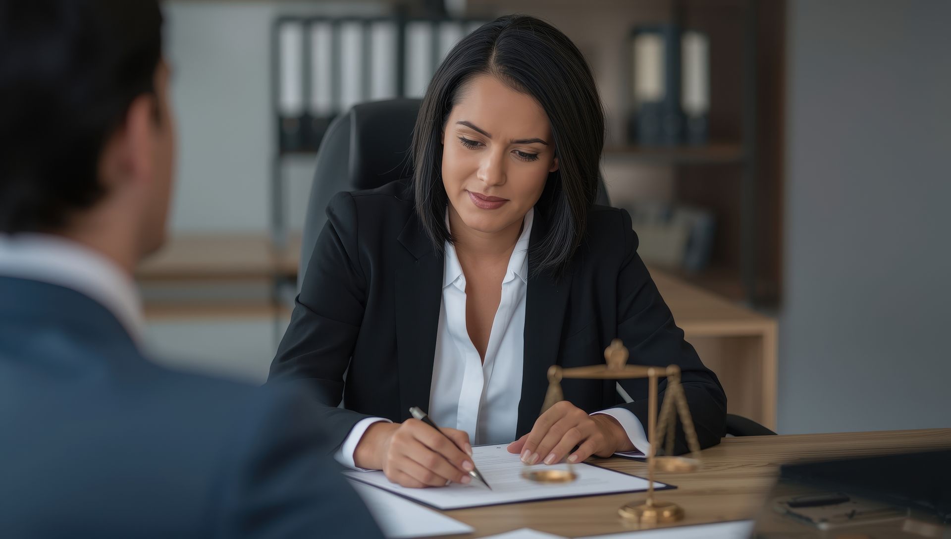 A professional female lawyer signing documents during a consultation for employment law attorneys. A professional female lawyer signing documents during a consultation for employment law attorneys.