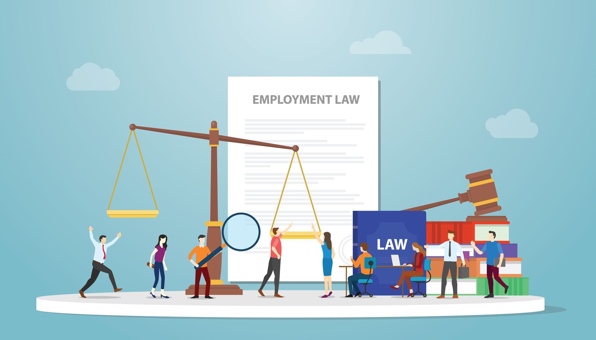 Employment law concept with documents, gavel, scales, and people employees with modern flat style.