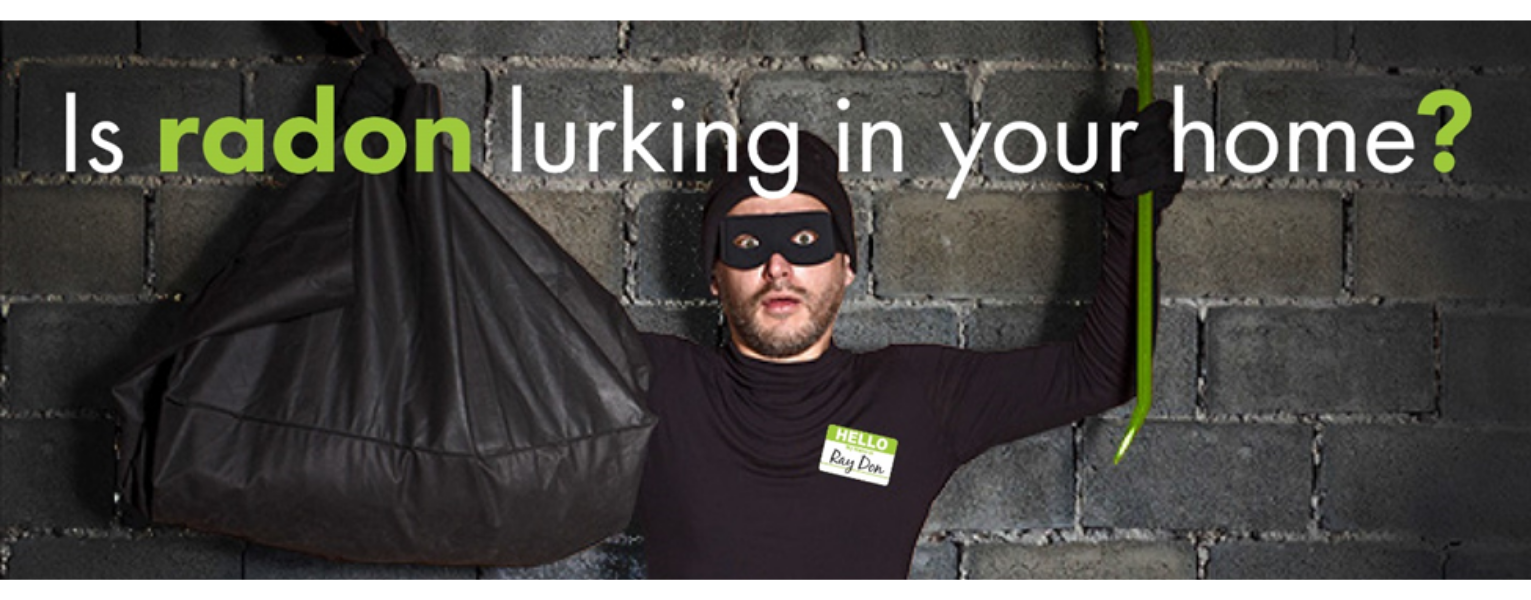 A man in a mask is holding a black bag with the words is radon lurking in your home