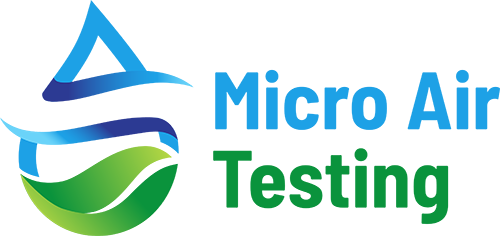 A logo for micro air testing with a blue and green swirl.