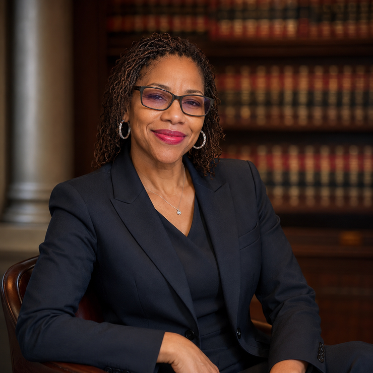 Smiling woman in glasses and a dark blazer seated in a wood-paneled office library