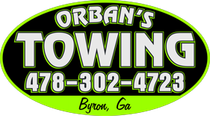 Orban's Towing logo: green and black oval with white text and phone number, "Byron, GA" at the bottom.