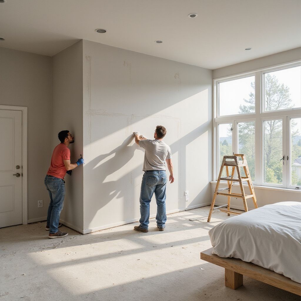 Two men working on a drywall wall in a room with a bed, door, and large window.