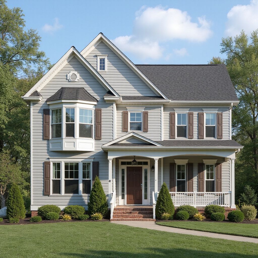 Two-story house with gray siding, brown shutters, front porch, and well-manicured lawn.