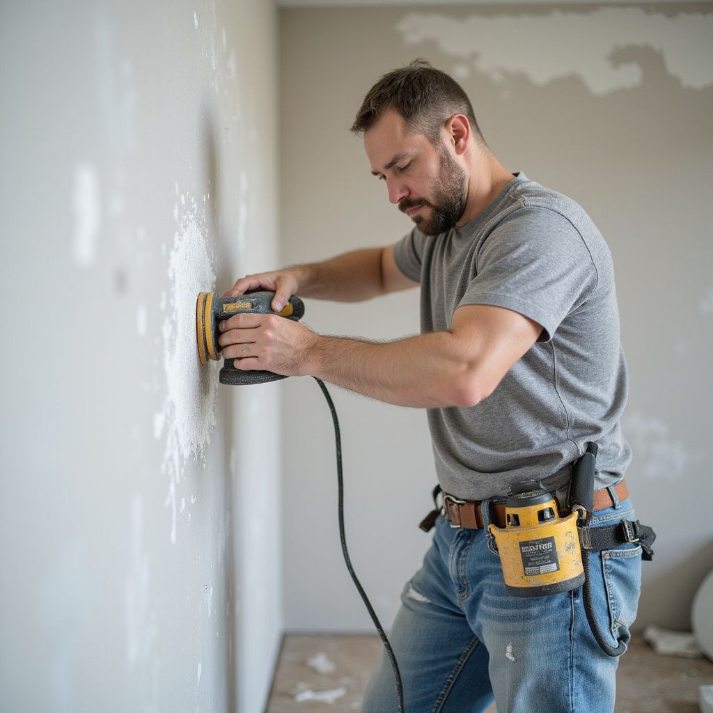 Man sands a wall with an electric sander, wearing a tool belt. He is in a room with unfinished walls.
