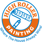 Blue and orange High Roller Painting logo with a paint roller and the tagline 