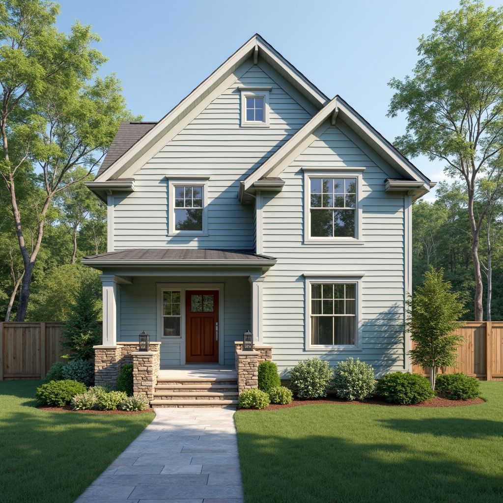 Two-story light blue house with a brown door, stone pillars, and a small front yard.