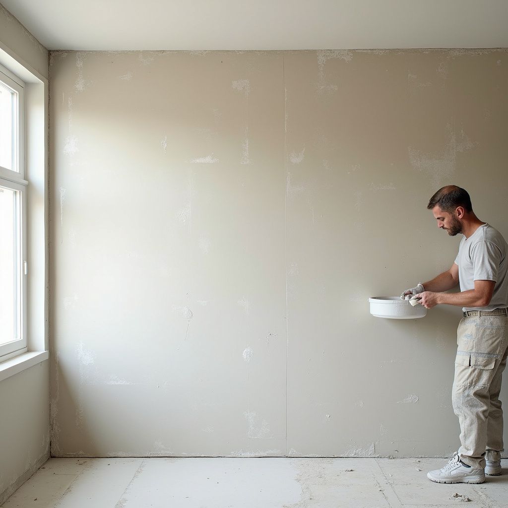 Man in work clothes applies plaster to a wall indoors, holding a bowl, near a window.