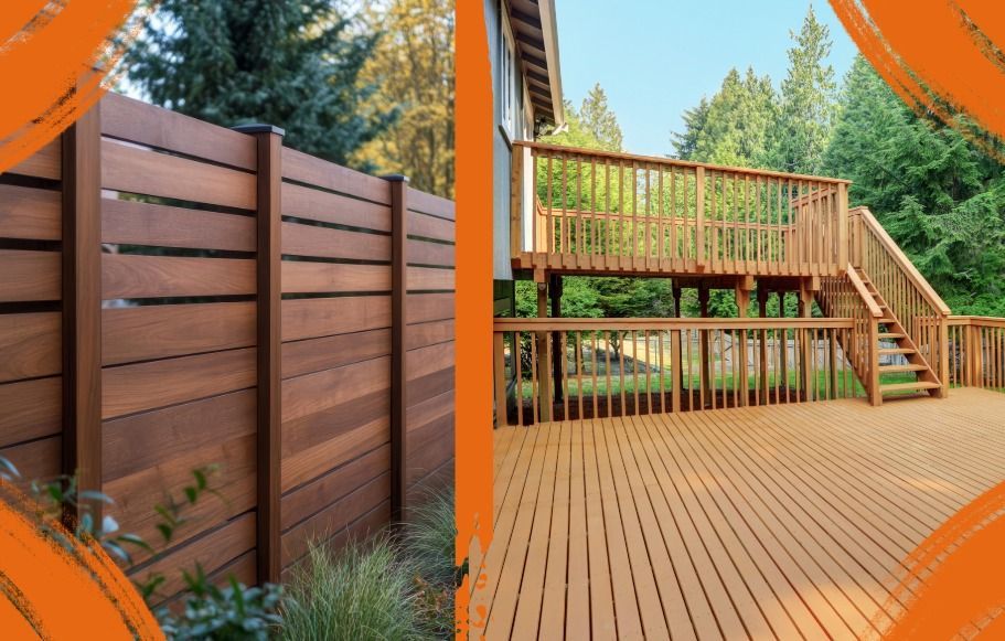 Wooden fence and deck in a backyard setting, stained in shades of brown.
