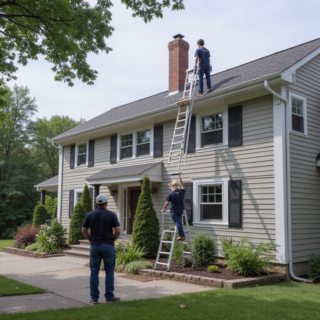 Three people using ladders to work on a house's roof and chimney. One person stands below.