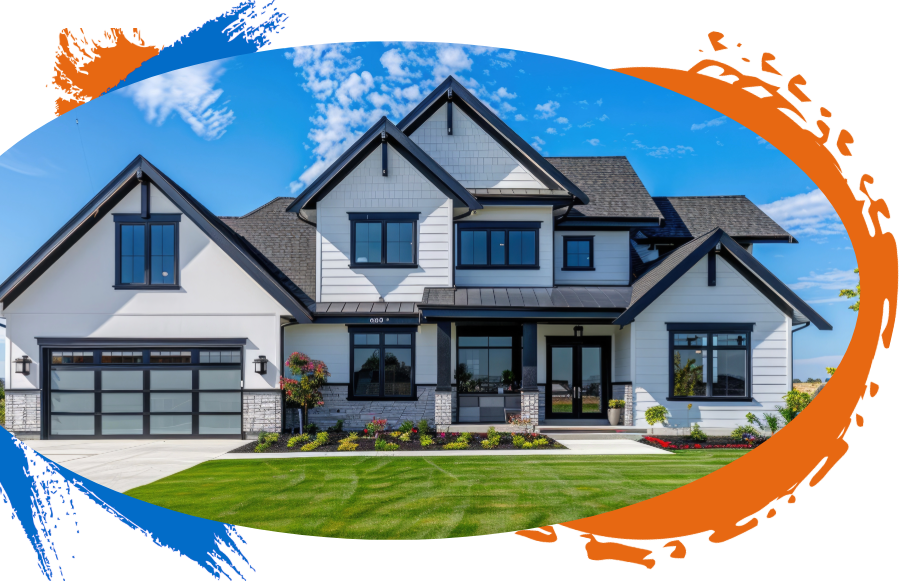 White house with black trim, glass garage door, green lawn, and blue sky.