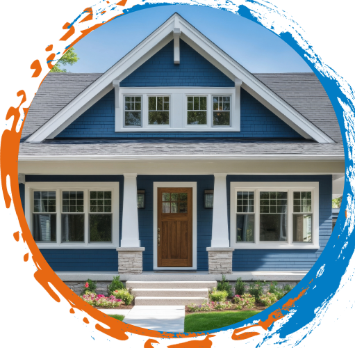 Blue craftsman-style house with white trim, front door, and windows, bordered by orange and blue swirls.