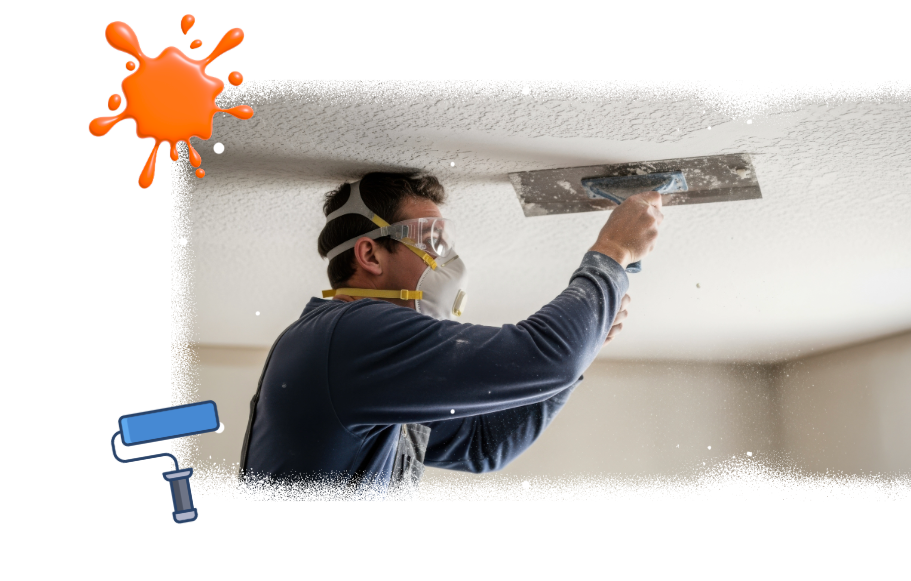 Man in mask and goggles repairing a ceiling with a trowel; orange paint splash and paint roller added.