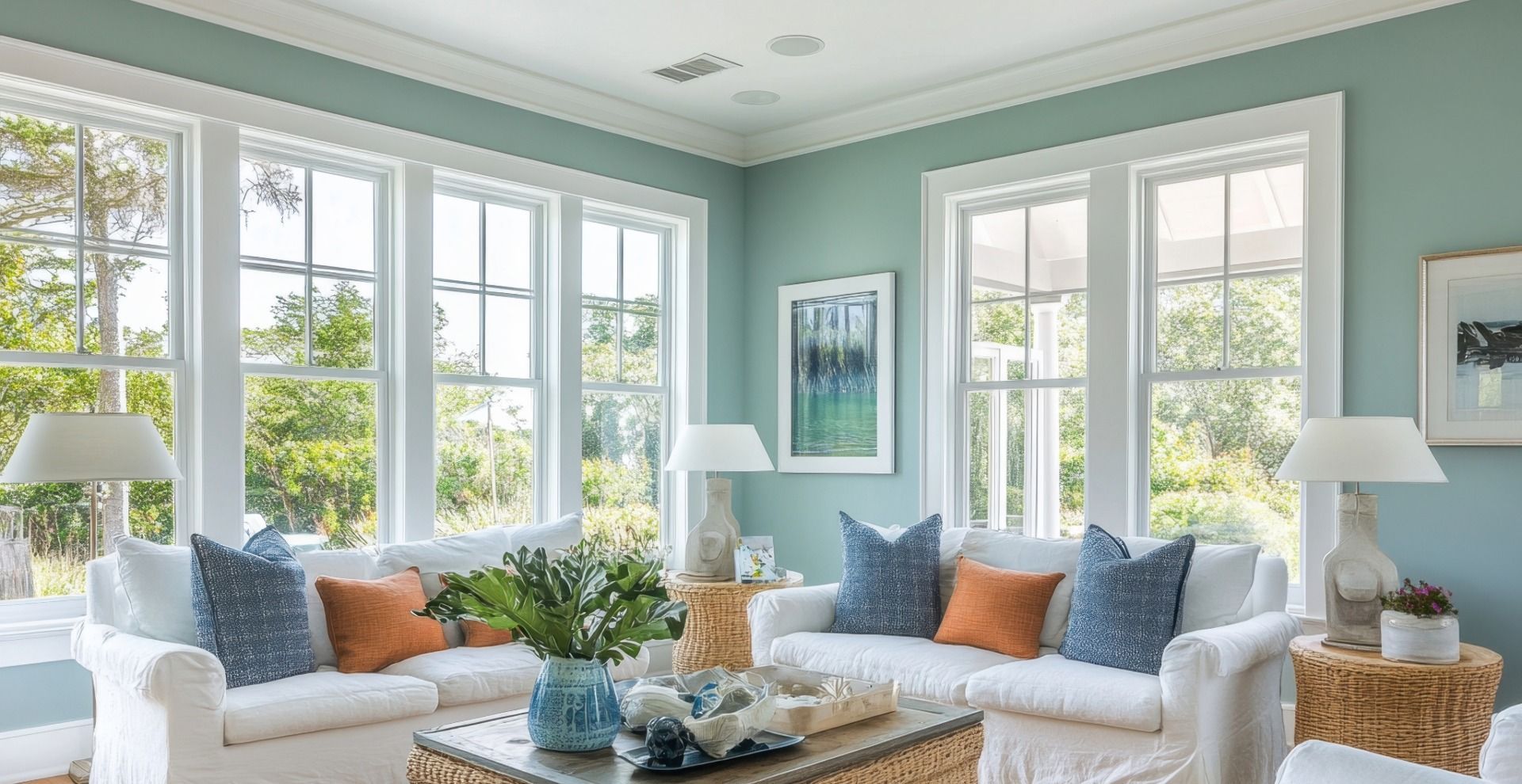 Living room with white sofas, blue and orange pillows, and large windows with a coastal view.