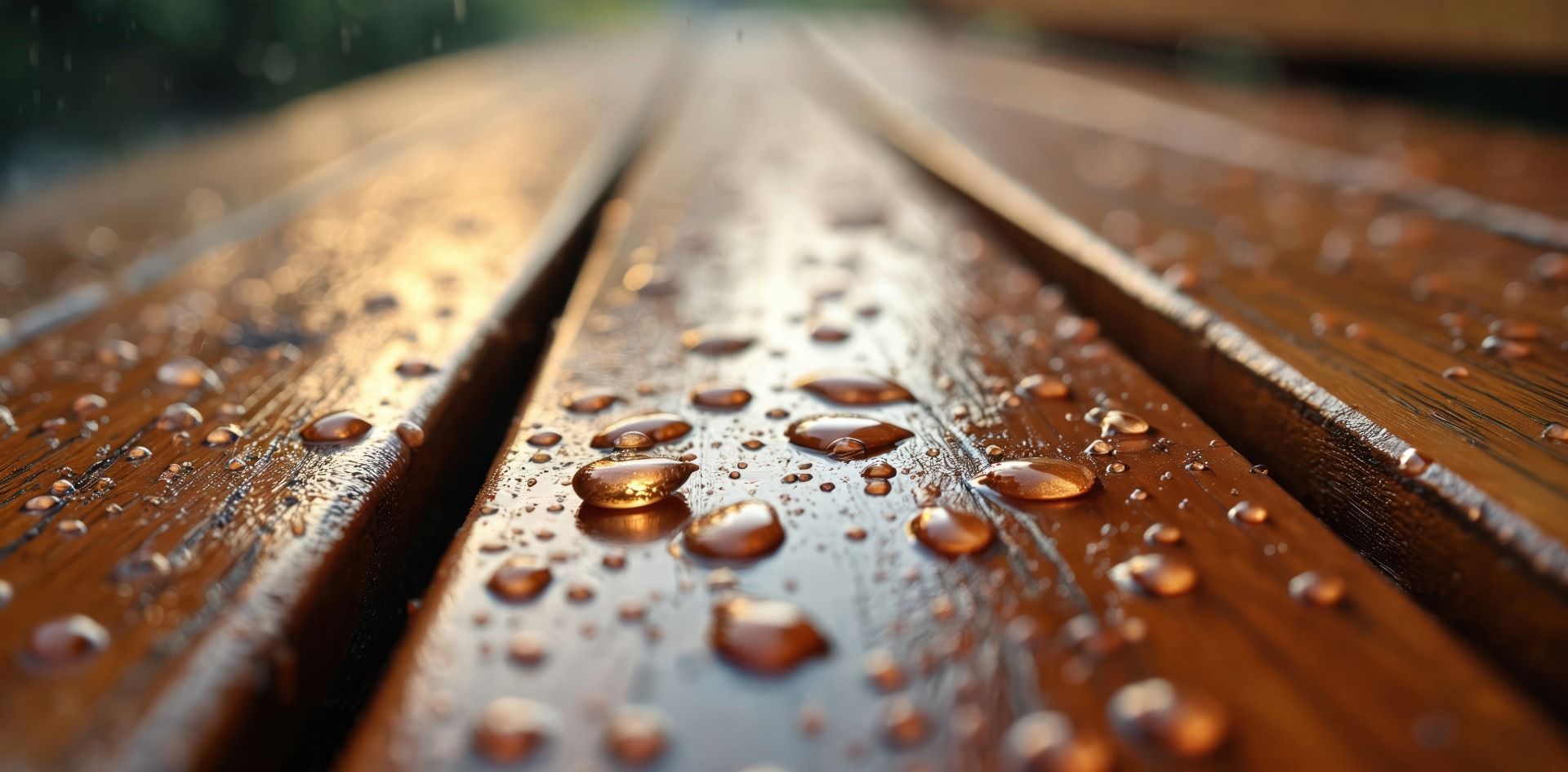 Close-up of wet, wooden planks with water droplets.