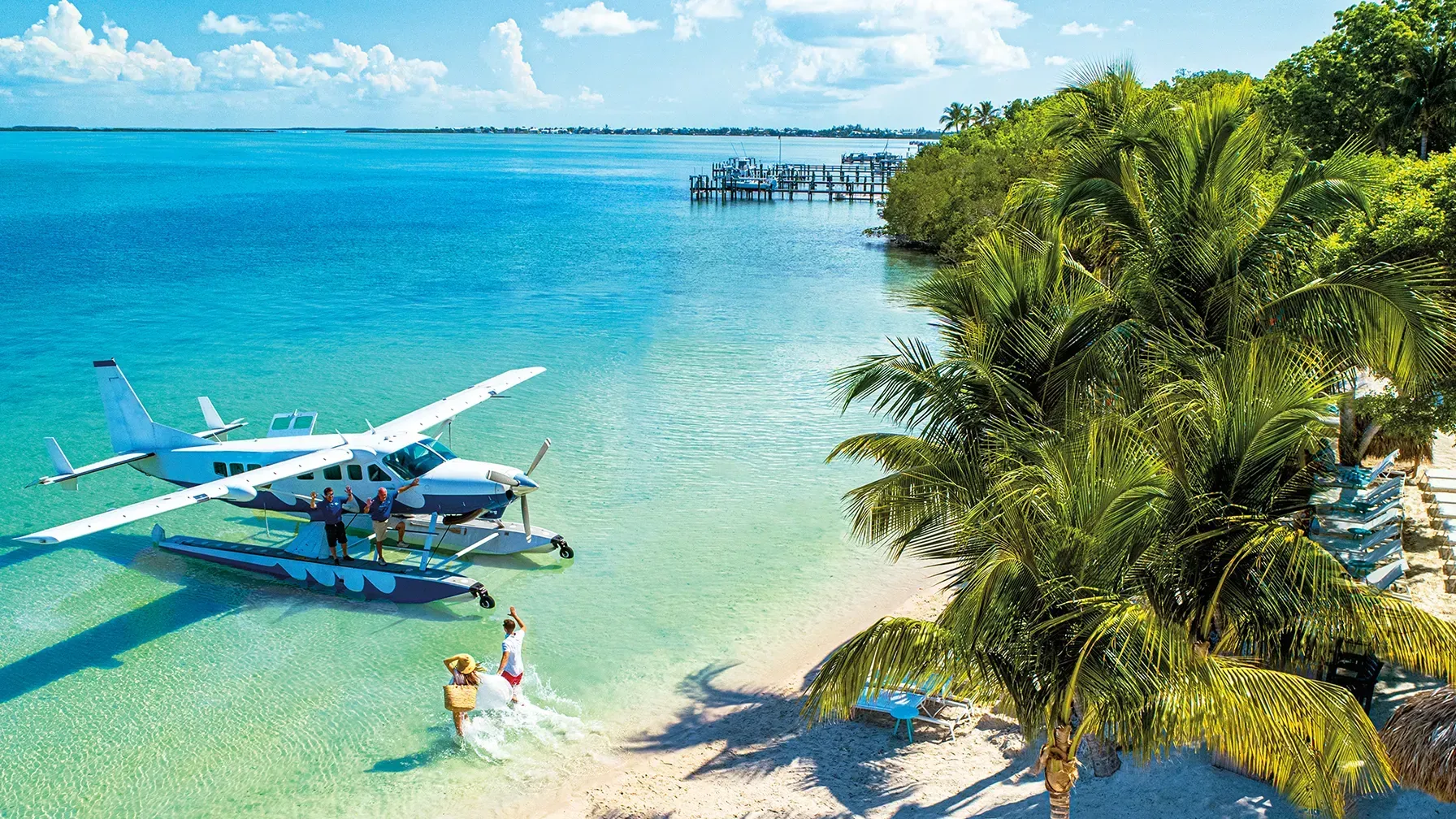 An aerial view of a seaplane landing on a tropical beach.