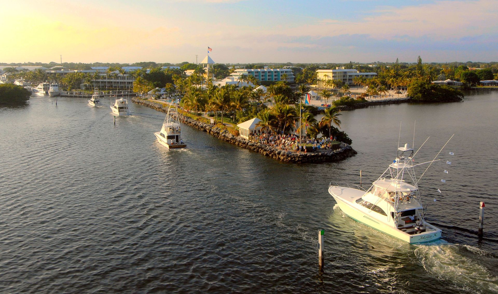An aerial view of a small island in the middle of a body of water surrounded by palm trees.