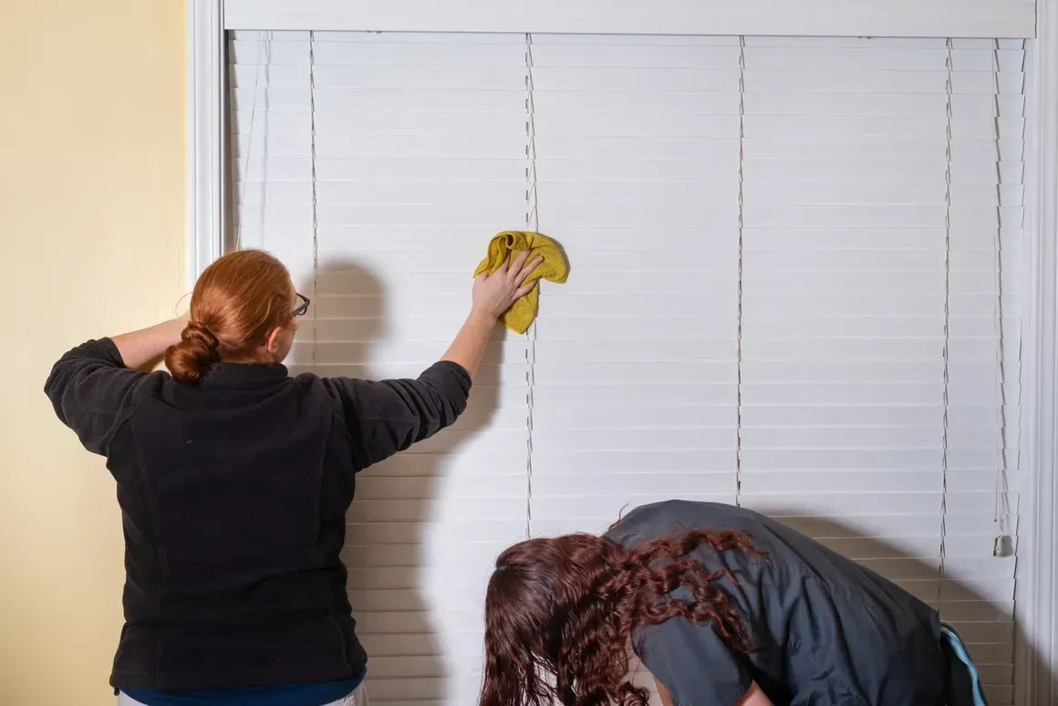 Two women are cleaning blinds in a room.