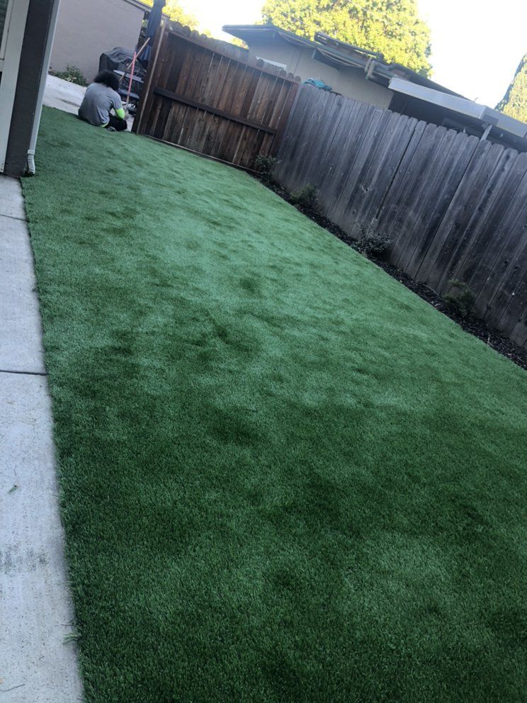 A backyard filled with green grass and a wooden fence.