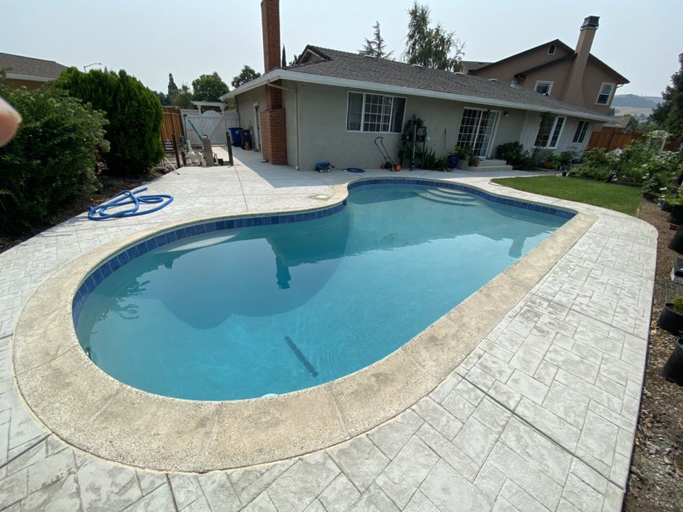 A large swimming pool is in the backyard of a house.