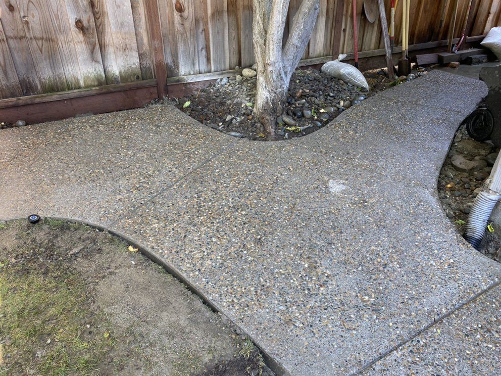 A concrete walkway with a wooden fence in the background.