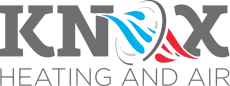 Logo for Knox Heating and Air, featuring gray text with a blue and red swirling graphic replacing the letter O.