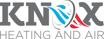 Logo for Knox Heating and Air, featuring gray text with a blue and red swirling graphic replacing the letter O.