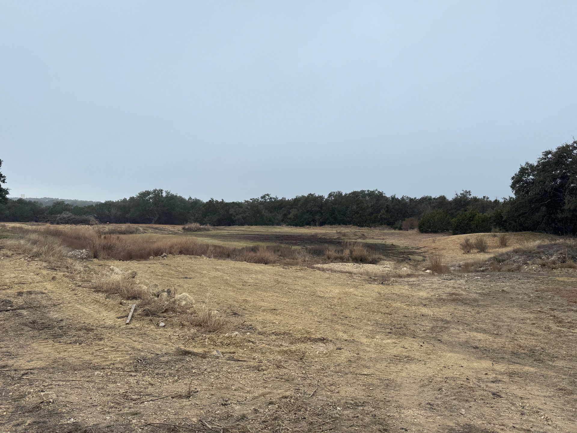 A large dry field with trees in the background and a blue sky.