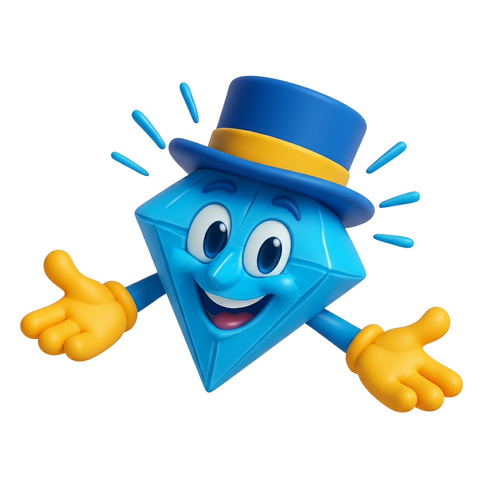 Mascote do Super Atacado Cristal Um personagem azul em forma de diamante, usando uma cartola azul com uma faixa amarela, sorrindo com os braços estendidos.