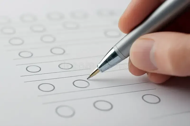 Uma mão segurando uma caneta e pairando sobre uma folha de papel com fileiras de círculos vazios para serem preenchidos.
