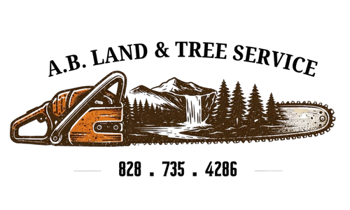 A.B. Land & Tree Service logo with orange chainsaw, tree stump, pine trees, and phone number 828-735-4286