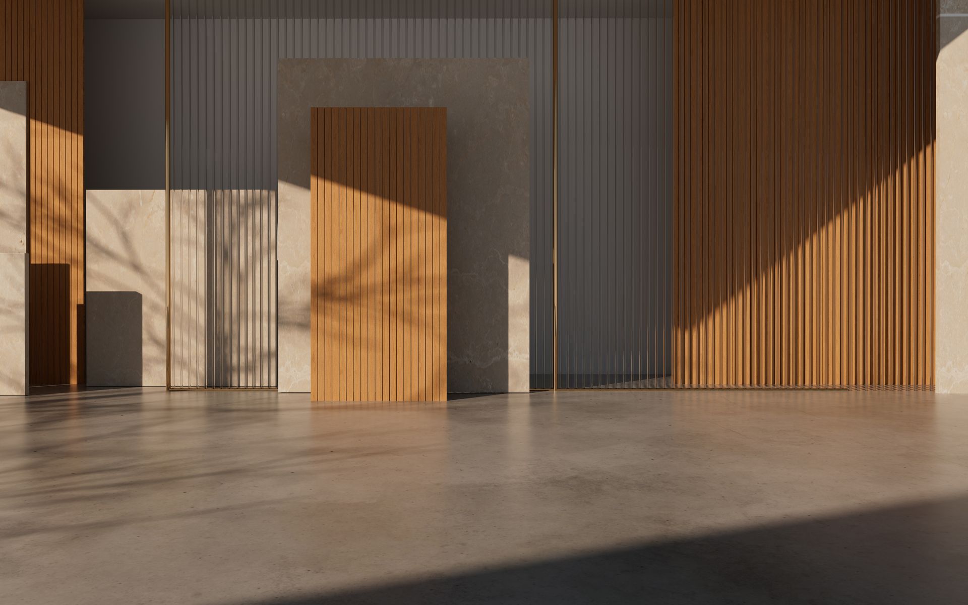 Un rendering 3D di una stanza vuota con pareti in legno e pavimento in cemento.