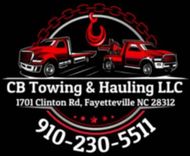 CB Towing & Hauling LLC logo: Red tow trucks, hook & chains, Fayetteville, NC address, and phone number.