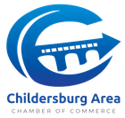 Blue Chamber of Commerce logo with bridge within a curved arrow; "Childersburg Area Chamber of Commerce" below.