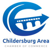 Blue Chamber of Commerce logo with bridge within a curved arrow; "Childersburg Area Chamber of Commerce" below.