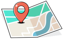 Folded map with a red location pin marker and blue river route