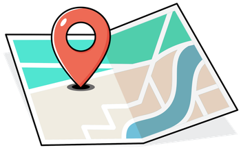 Folded map with a red location pin marker and blue river route