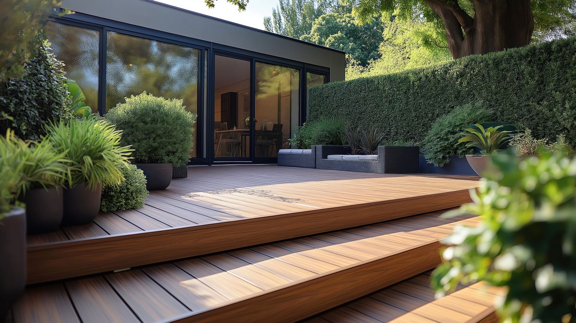 Une terrasse en bois avec des escaliers menant à une maison.