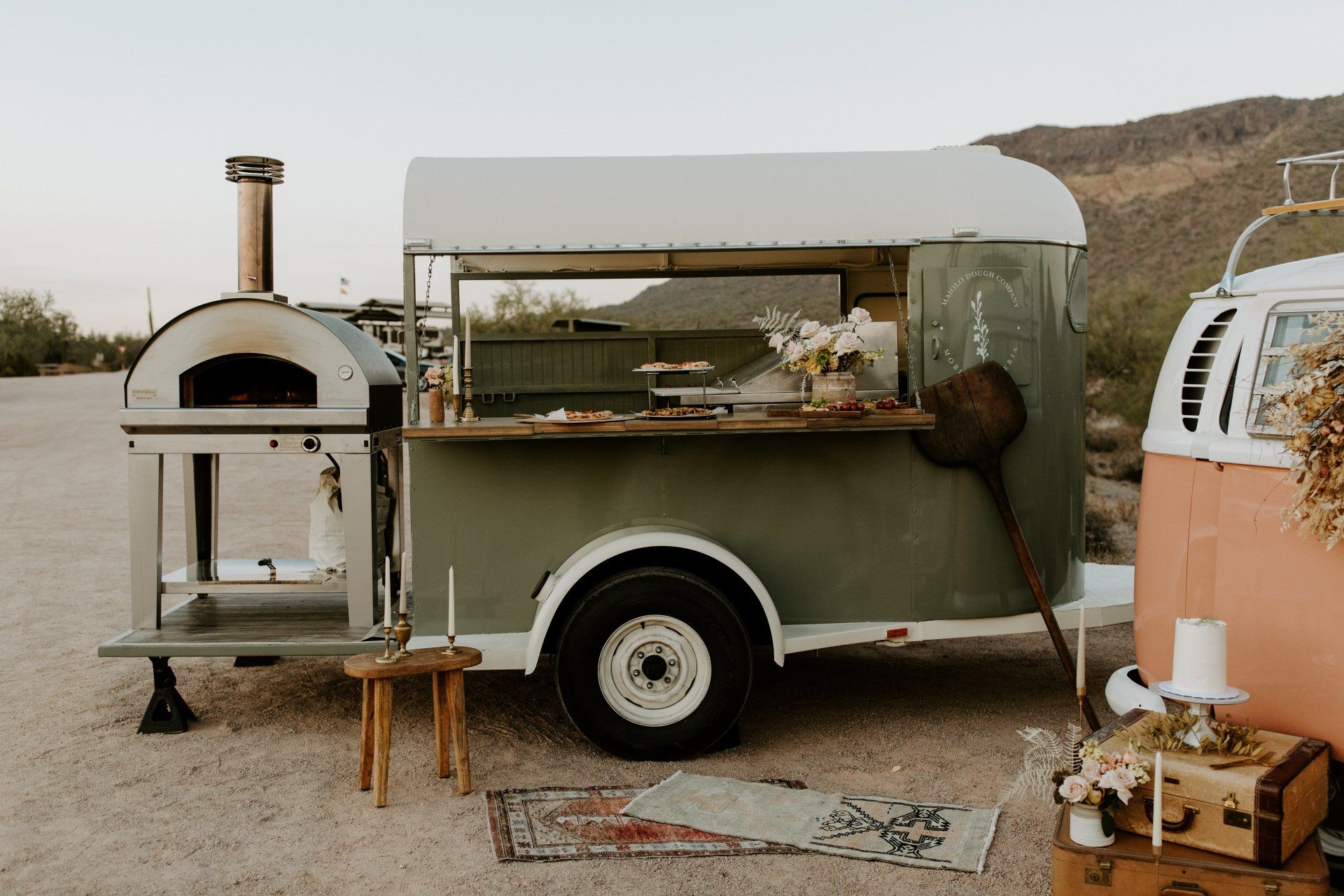 A food truck with a pizza oven on the back, Beyond Basil Mobile Pizzeria.