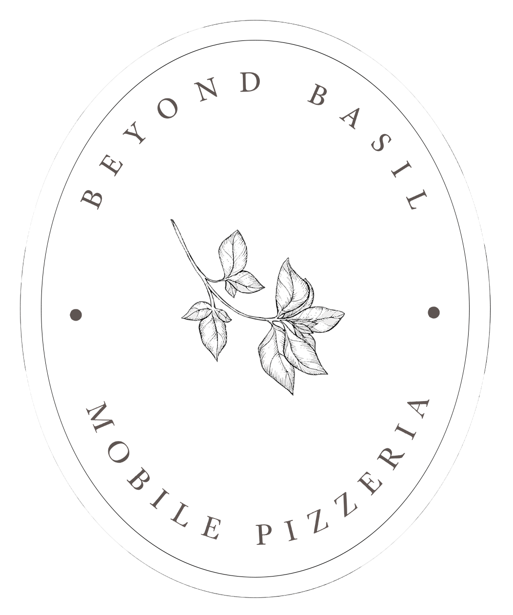 A black and white logo for beyond basil mobile pizzeria. Beyond Basil Mobile Pizzeria