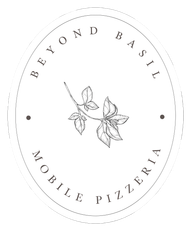 A black and white logo for beyond basil mobile pizzeria. Beyond Basil Mobile Pizzeria
