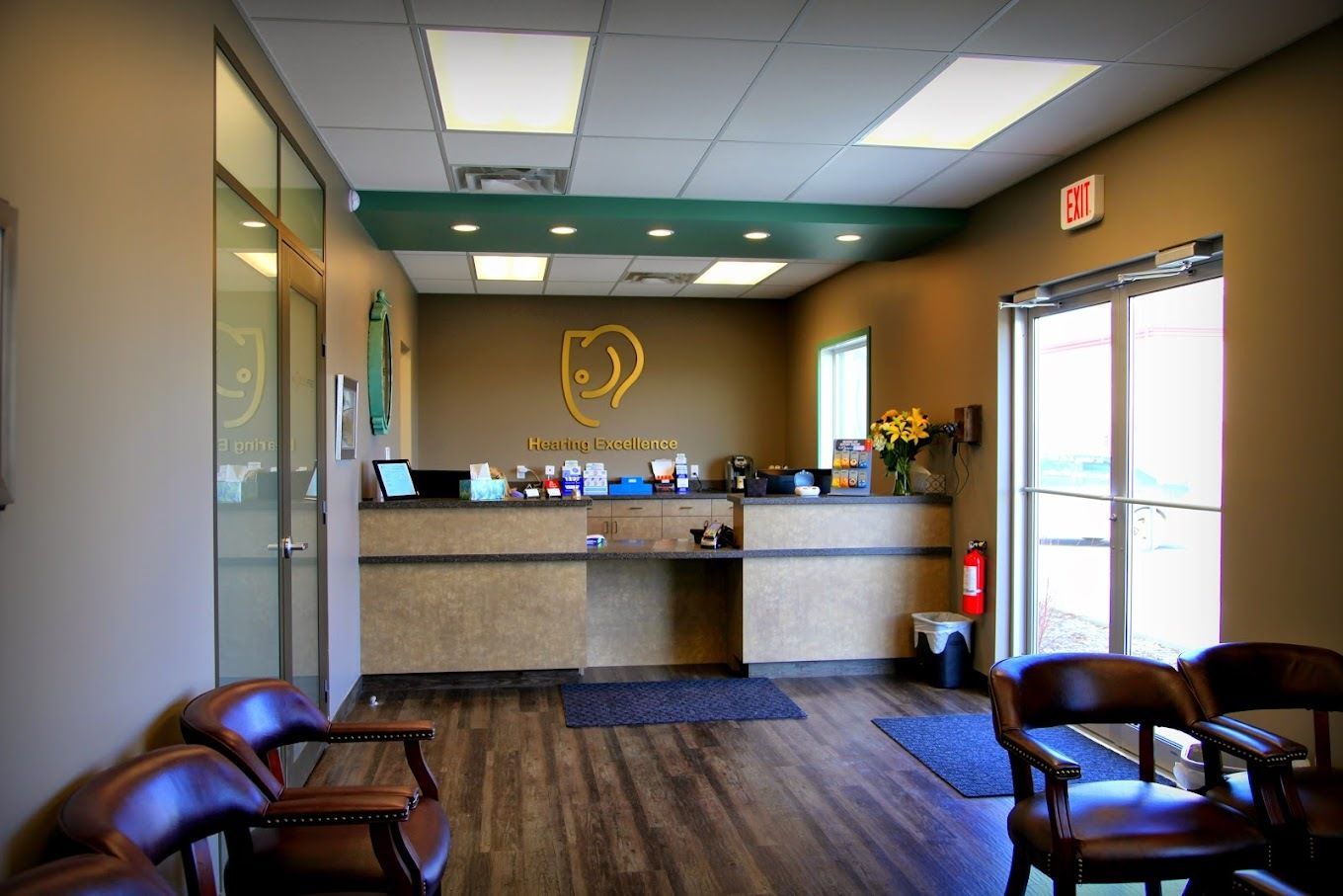 Clinic reception area with seating, a desk, and 'Hearing Excellence' logo on the wall.